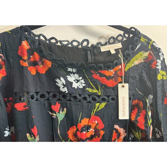 Olivaceous NWT Floral Short Sleeve Mini Knee Length Dress Crochet Insets Size M - Picture 5 of 6